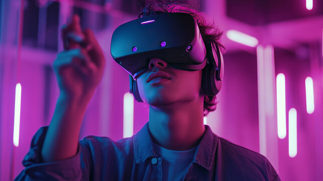 An abstract digital illustration depicting a virtual reality esports gaming background. The central figure is a warrior in a dynamic fighting pose, with multiple hands extended in various combat actio