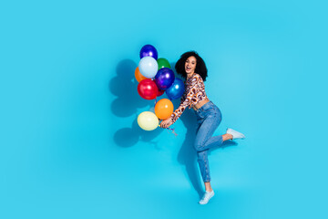 Fototapeta premium Photo of lovely cute glamour charming woman wear trendy print clothes have fun isolated on blue color background