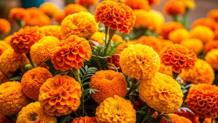 Orange and Yellow Marigolds in Full Bloom with Copy Space