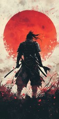 Lone Samurai Warrior Silhouetted Against Dramatic Sunset Sky and Grassy Landscape