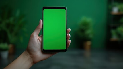 A woman holds a smartphone with a blank green screen indoors.