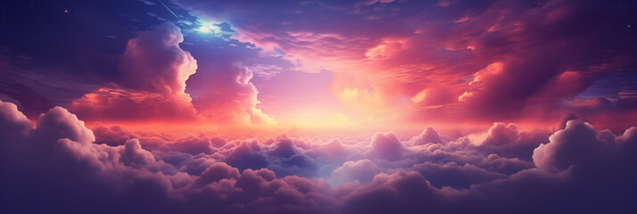 Fototapeta premium Breathtaking twilight sky with shades of pink, purple, and blue fluffy clouds, illuminated from below by the fading light. Unreal mystery abstract galaxy background