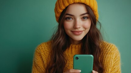 A young woman in casual attire, smiling, using her smartphone with an engaging expression against a green screen.