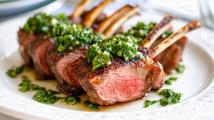 Gourmet grilled lamb chops with fresh herb sauce garnished on a white plate against a blurred background