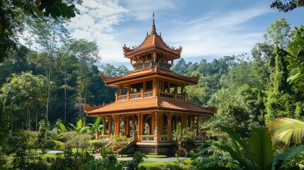 Fototapeta premium Traditional Southeast Asian pagoda with intricate architecture, surrounded by lush greenery, clear sky