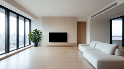 Modern minimalist living room with large windows offering a panoramic city view.