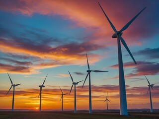 Wind turbines against a colorful sky, representing renewable energy