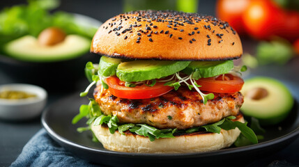 Gourmet turkey burger topped with fresh vegetables, avocado slices, and herbs served on a sesame seed bun with a dark background