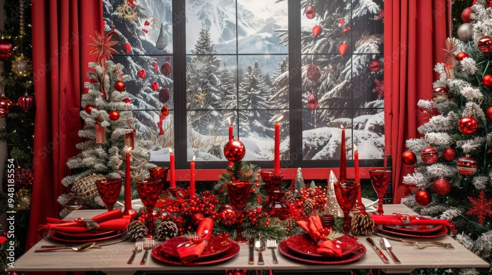 Poster a red and white christmas scene with a window and trees