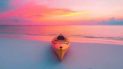 Kayak boat in tropical sea water with colorful sunset sky