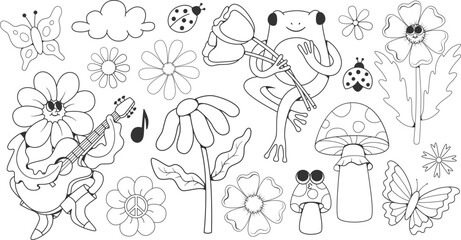 Retro groovy coloring pages, cartoon flowers characters, line drawing