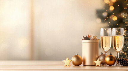Festive celebration setup featuring gold ornaments, champagne glasses, a decorative gift box, and a twinkling background with Christmas tree elements