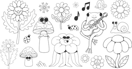 Retro groovy coloring pages, cartoon flowers characters, line drawing