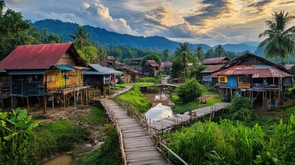 Naklejka premium Traditional Southeast Asian village with stilt houses and lush green surroundings, rural charm