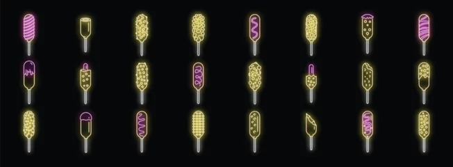 Crédence de cuisine  Neon light glowing corn dog icons set with different types of coating on a black background  © anatolir