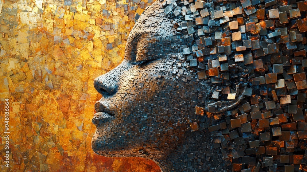 Poster the artwork features a woman's profile made entirely of mosaic tiles, blending rich browns and golds