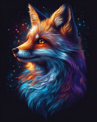 Fox head close-up, creative art style, colorful fox for the screen saver. High resolution, fox head on a black background, creative image of animals