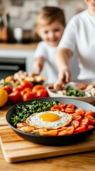 delicious breakfast with fried egg, tomatoes, and parsley on wooden table with blurry family in background.