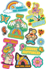 Retro groovy whimsical stickers set