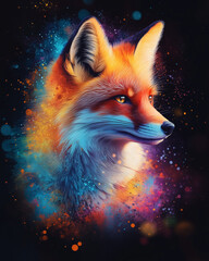 Fox head close-up, creative art style, colorful fox for the screen saver. High resolution, fox head on a black background, creative image of animals