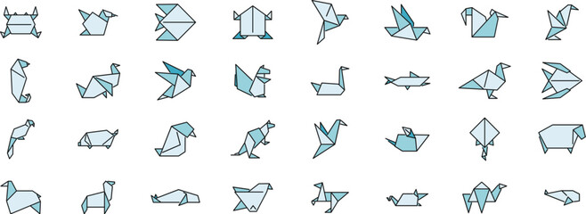 Collection of origami animals showcasing a variety of species, ideal for representing wildlife, creativity, or paper crafts