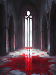 Fototapeta premium interior of church castle palace fantasy with blood stain on the floor - gothic illustration - generative ai