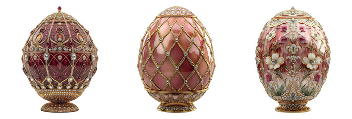 Set of Faberg?-style decorative eggs with ornate designs isolated on transparent background