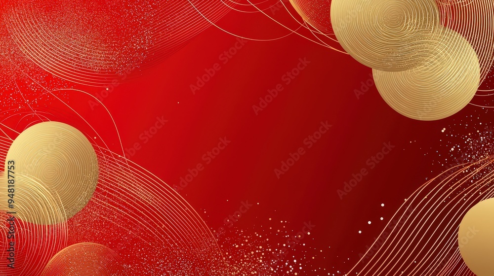Aufkleber a striking red backdrop adorned with elegant golden circles and delicate swirling lines creates a fe