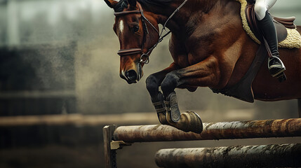 Majestic Equine Athlete Soaring Over Hurdle During Intense Equestrian Competition