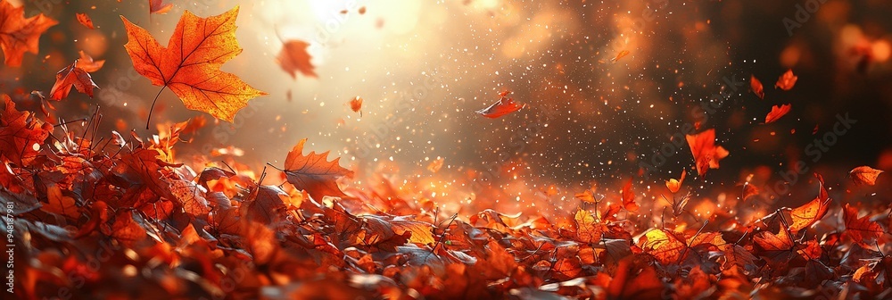 Poster golden hour light casts a warm glow on vibrant orange and red leaves as they dance in the air, creat