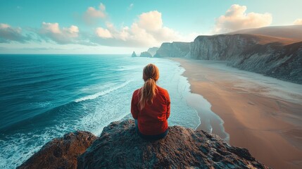A lone figure sits on a rocky outcrop, watching the tranquil ocean waves crash against the shore, with cliffs in the distance under a colorful sky