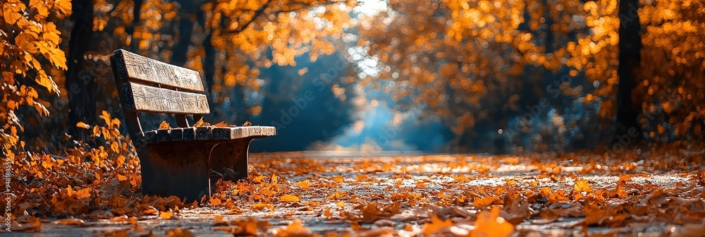 Poster A wooden bench sits quietly on a path adorned with colorful autumn leaves, bathed in sunlight, creating a serene and inviting atmosphere in the park