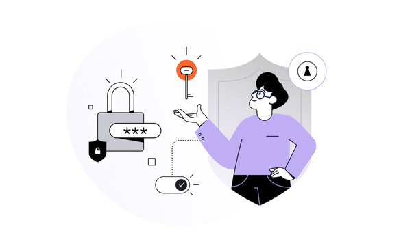 Cyber security vector illustration concept with characters. Data security, protected access control, privacy data protection. Modern flat style for landing page, web banner, infographics, hero images