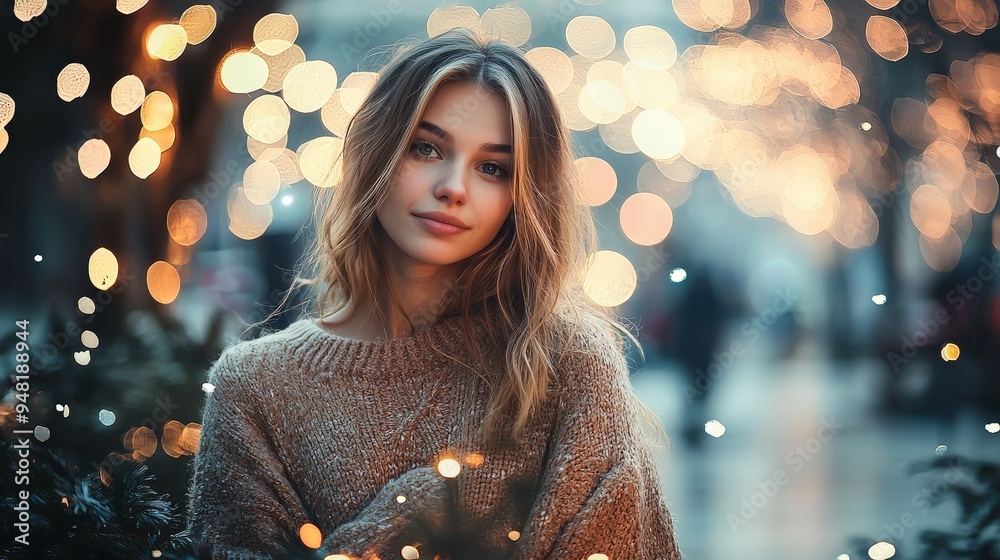 Wall mural A young woman stands with a gentle smile amidst twinkling lights in a vibrant city atmosphere, evoking a cozy winter evening mood enriched by soft bokeh effects