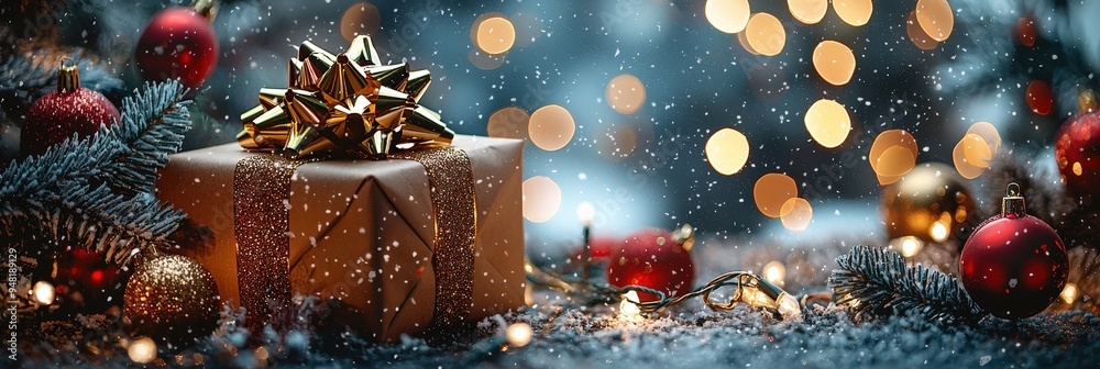 Poster A neatly wrapped gift adorned with a shiny bow is placed on a festive table surrounded by ornaments and soft glowing lights while snow falls gently outside