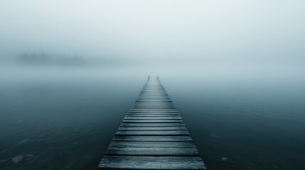 A long wooden pier stretches into calm, still waters under a hazy, foggy sky, capturing a serene, tranquil, and somewhat mysterious atmosphere in nature.