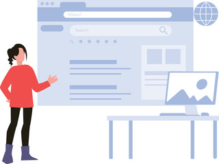 The girl is looking at the web page.