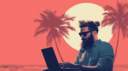 Tranquil 32K Digital Nomad Working on Laptop at Beach with Palm Trees and Waves in Ultra Detail,Generative AI