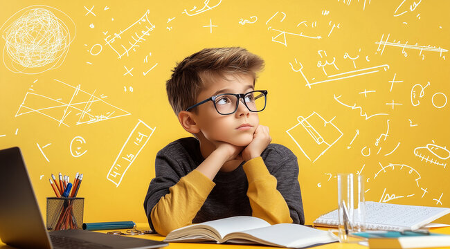 Young Boy Deep in Thought with School Supplies and Mathematical Formulas in Vector Graphic for Kids' Poster or Book Cover