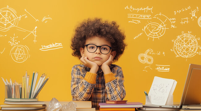 Young Boy Deep in Thought with School Supplies and Mathematical Formulas in Vector Graphic for Kids' Poster or Book Cover