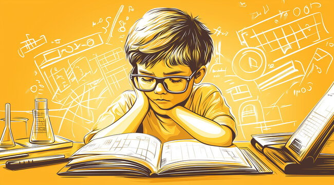 Young Boy Deep in Thought with School Supplies and Mathematical Formulas in Vector Graphic for Kids' Poster or Book Cover