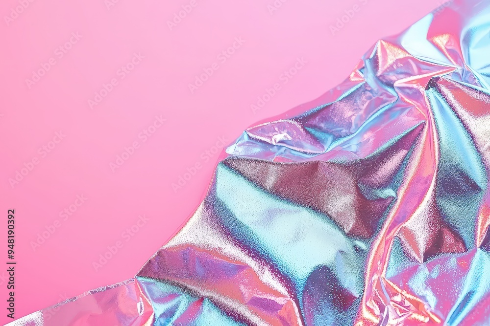 Leinwandbilder A shiny, crinkled foil in shades of blue and silver contrasts beautifully with a soft pink backdrop, creating a striking visual effect ideal for artistic and design projects