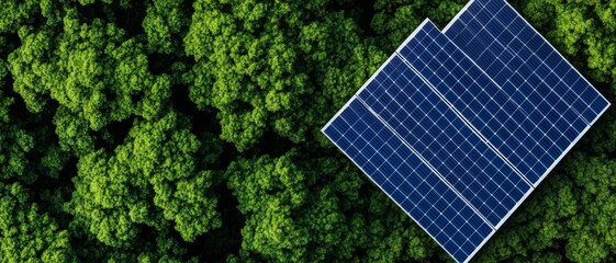 aerial view of solar panels in a lush green forest for sustainable energy and carbon neutrality.