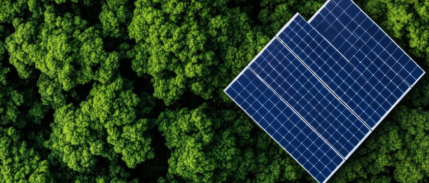 aerial view of solar panels in a lush green forest for sustainable energy and carbon neutrality.