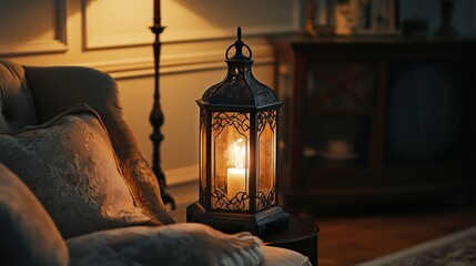 Lantern Glowing in a Cozy Living Room