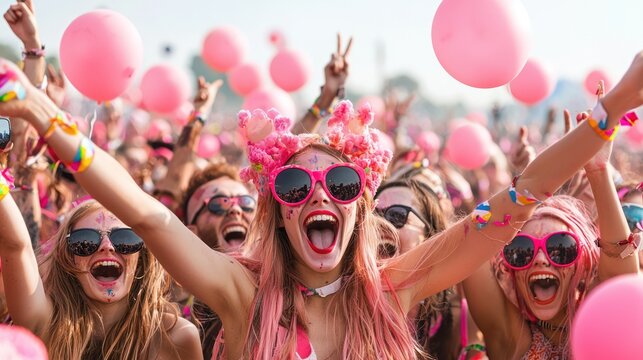 Vibrant Festival Moments in Ultra-Detail 32K: Friends Sharing Live Updates Amid Colorful Crowd,Generative AI