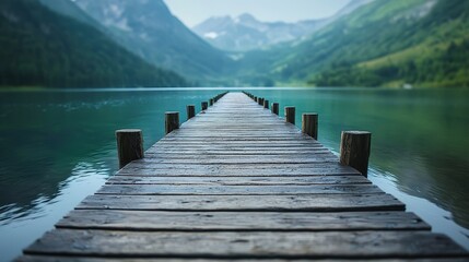 Fototapeta premium The wooden dock leads towards a calm lake, reflecting the surrounding mountains and greenery under a bright sky, evoking a sense of tranquility and natural beauty