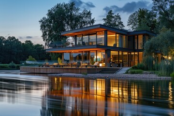 Obraz premium Modern house by the river at evening.