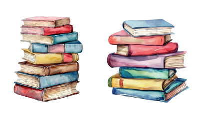 Watercolor set of stacks of books png. School books are laid out in a column on a transparent background. Back to school. Vector illustration.