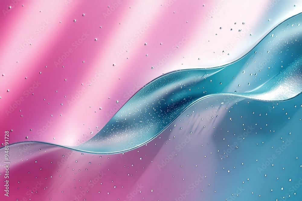 Poster Waves of soft pink and blue hues undulate gracefully, adorned with tiny droplets, evoking a sense of calm and serenity in the composition